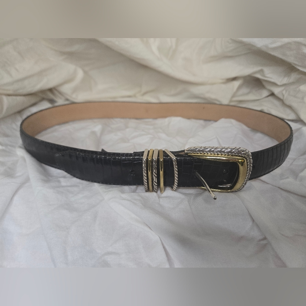 Brighton Classics Women's Leather Belt Black Size L 34  Gold Silver Dual Tone